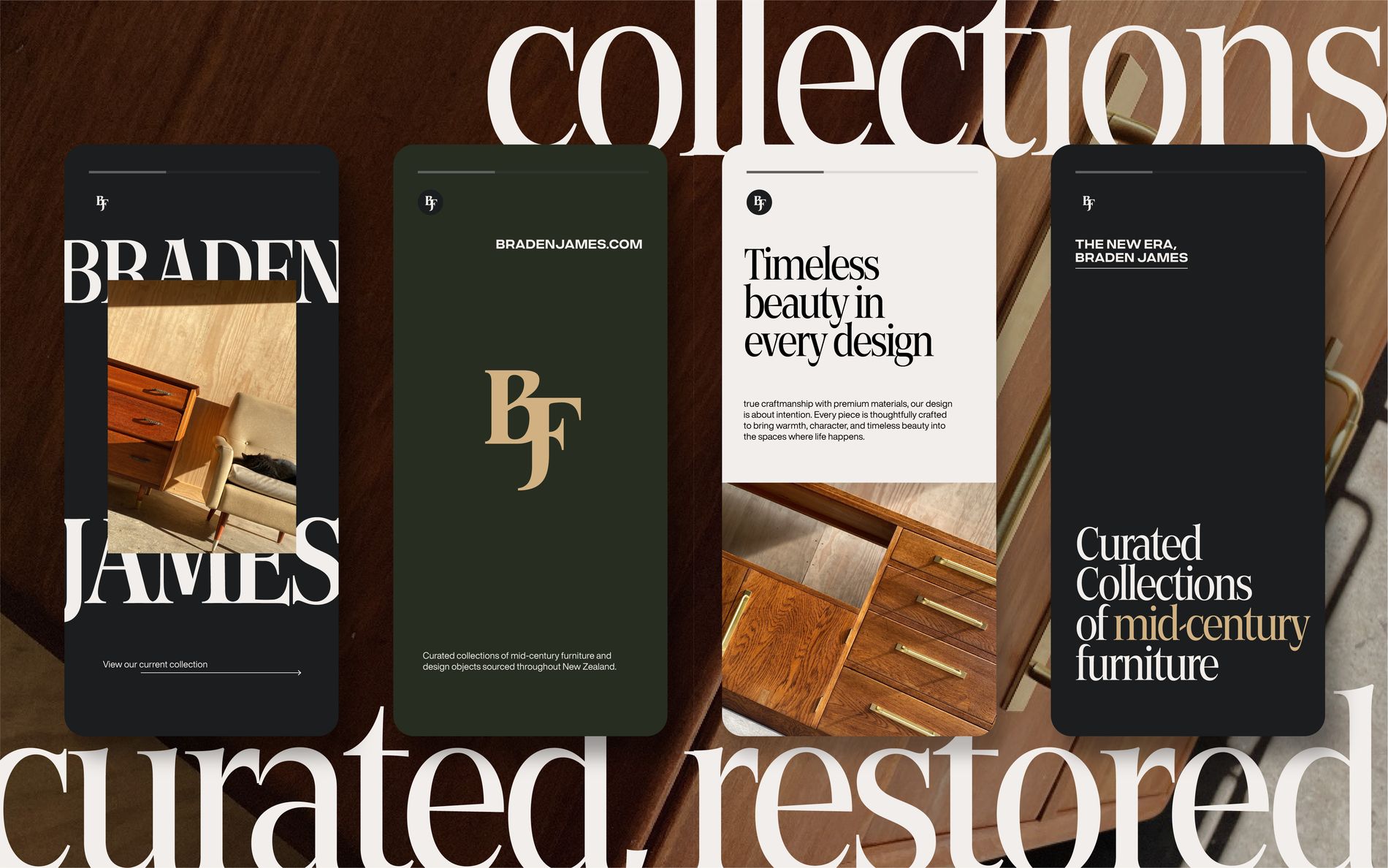 Braden James website screens &mdash; brand applied across mobile layouts